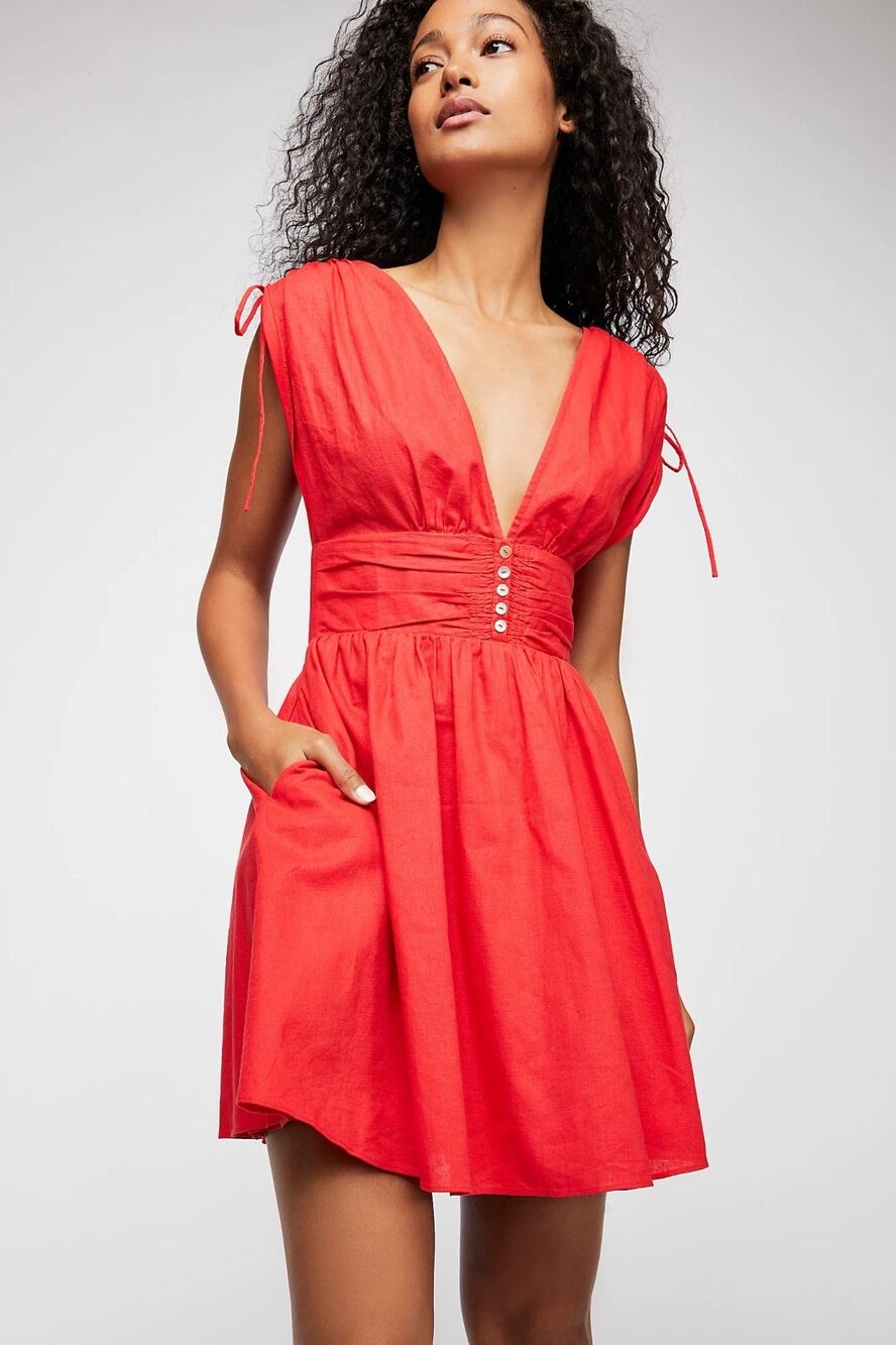Free People Roll The Dice Red Linen Blend Mini Dress Small